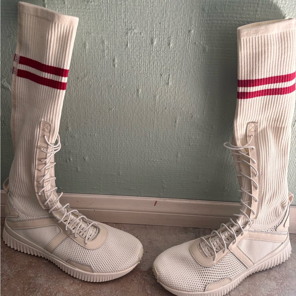 Knee-High Cream Lace-Up Knit Sneakers with Pink Stripe